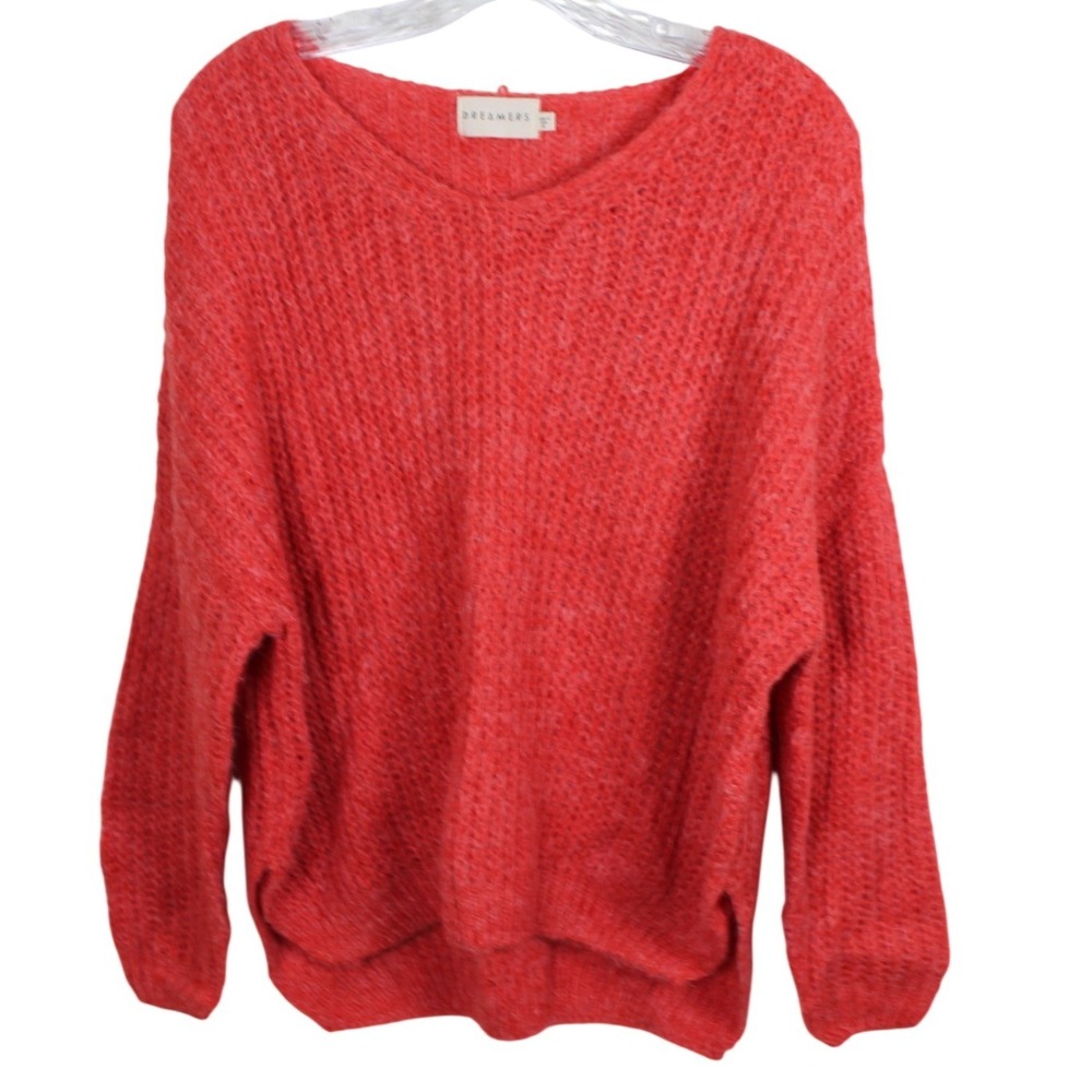Dreamers Womens XL Coral‎ Red Fuzzy Knit V-Neck Oversized Sweater C10126